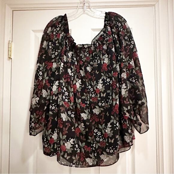 Max Studio Floral Off Shoulder Blouse Womens XL Pleated Flowy Shirt Top Black - Picture 2 of 10